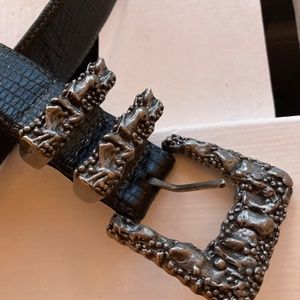 Gorgeous chunky free form art buckle black belt M UNIQUE